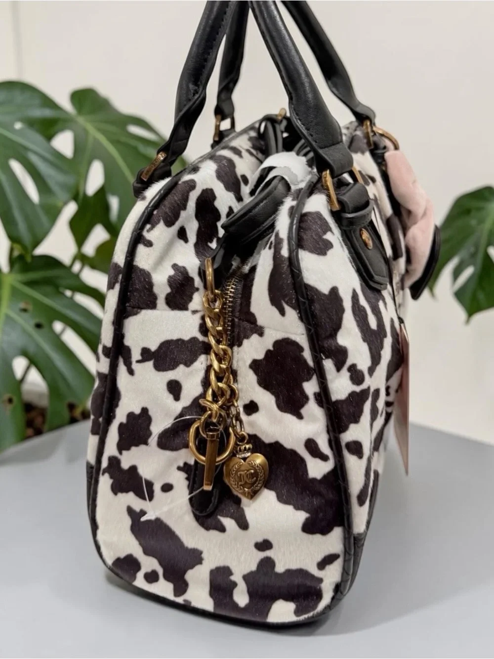 Juicy Couture Black & White Cow Print Romance Satchel with Pink Bow